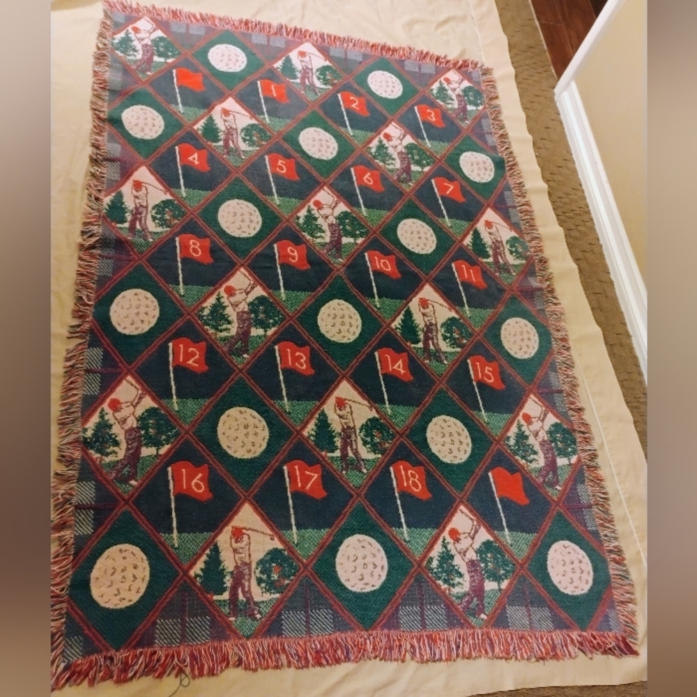 Vintage 90s Golfer 18th Hole Green and Red Weaved Throw Blanket